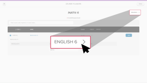 The current course name is Math 6. Next to the title is the next course in the list, English 6. The cursor is clicking English 6.
